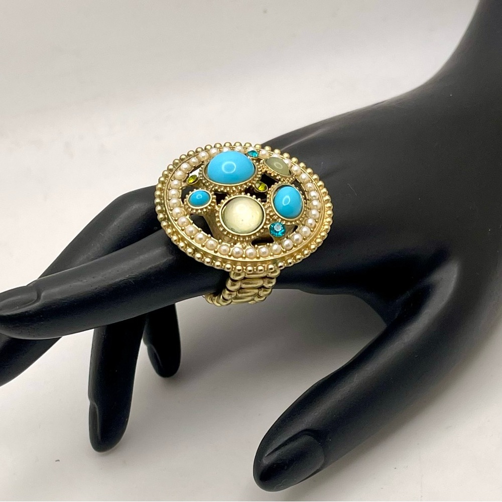 Turquoise MOP and Rhinestone Glass Stretch Statement Ring Vintage